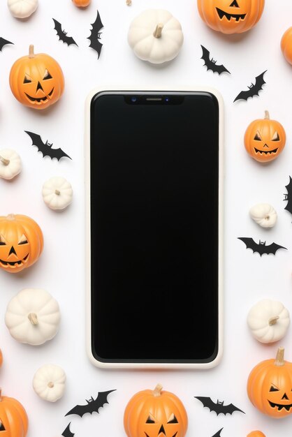 幸せなハロウィーンのカボチャの背景に大きな電話が空白の画面をモックアップ