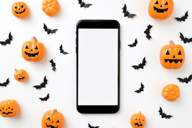 Big phone mock up blank screen on happy halloween pumpkins background