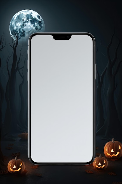 Foto il grande telefono simula lo schermo vuoto sullo sfondo delle zucche di halloween felice