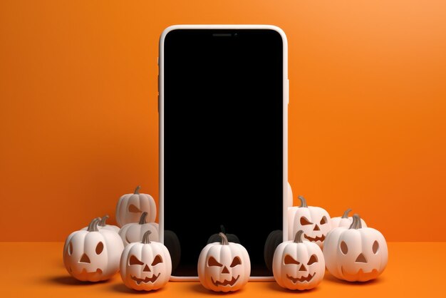 Big phone mock up blank screen on happy halloween pumpkins background