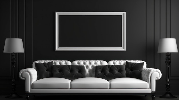 Big picture frame art in a black room empty copy space