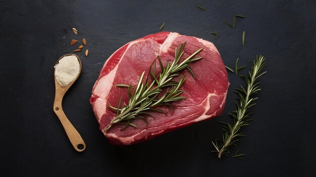 Photo a big piece of raw meat wih spices and rosemary