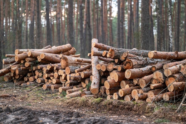 Big pile of chopped trees laying in the forest on a gloomy wet weather