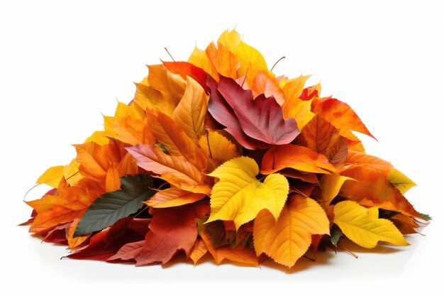 Big pile of colorful autumn leaves isolated on white background