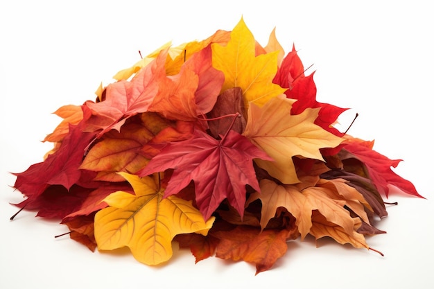 Big pile of colorful autumn leaves isolated on white background