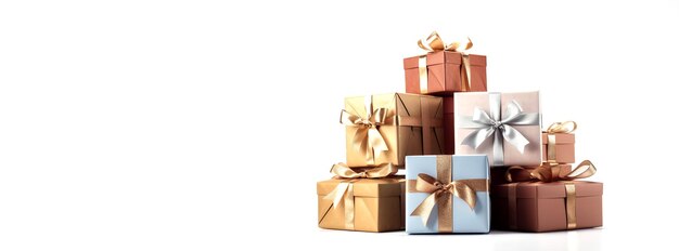 Большая куча подарочных коробок в праздничной оберточной бумаге с лентой и бантами Стопка разных подарков