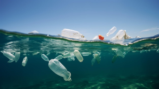 Big pile of plastic bottles trash in the sea Environmental pollution ecology