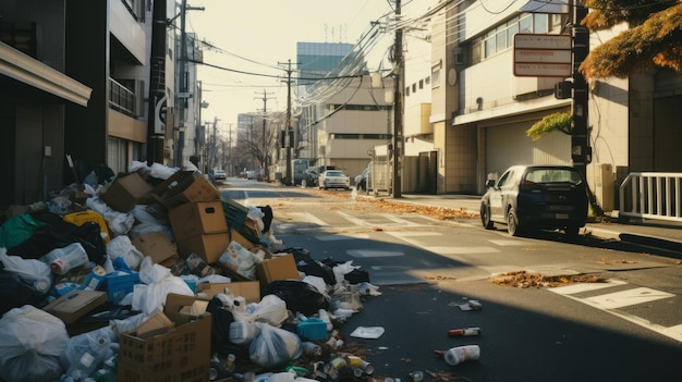 거리에 쌓인 큰 플라스틱 쓰레기 환경 오염 생태