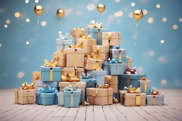 Big pile stack or heap of different various gift boxes presents surprises wrapped to blue and beige paper with golden ribbons and bows lying on wooden floor of room decorated with gold balloons