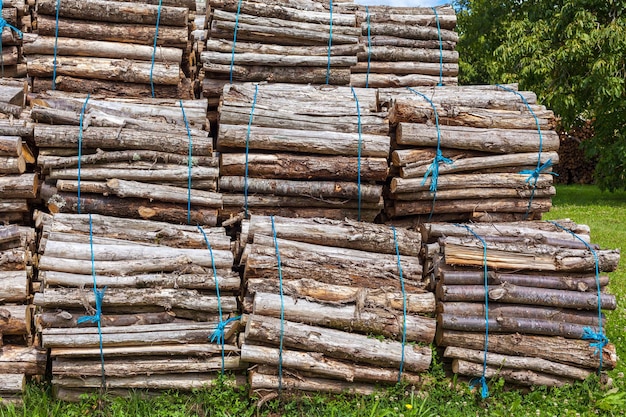 Big pile of wood logs bundles on a rural background