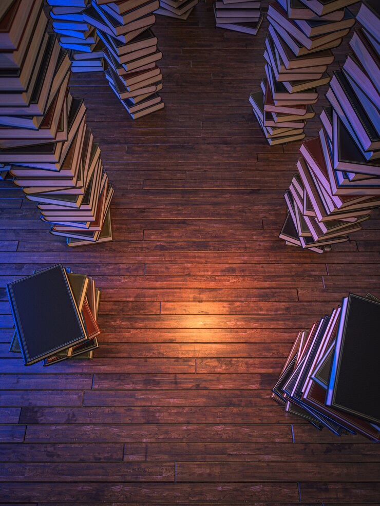 Photo big piles of books on the wooden floor, no one in the room. 