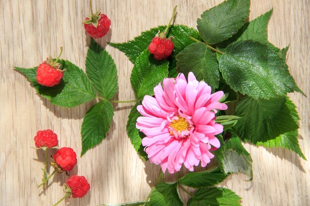 Foto grandi lamponi a fiori rosa e foglie verdi sullo sfondo di legno