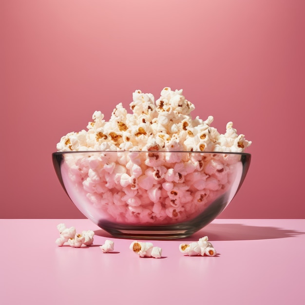 A big pink glass bowl containing freshly cooked popcorn generative ai