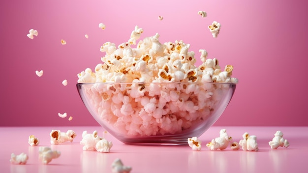 a Big Pink Glass Bowl Containing Freshly Cooked Popcorn Generative AI