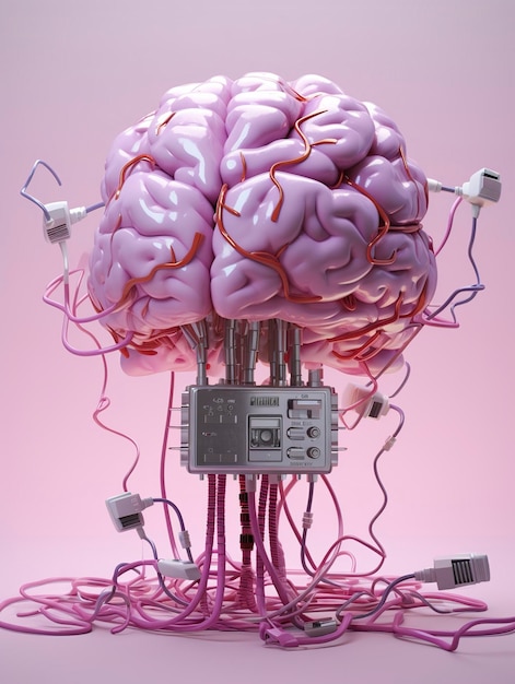 Big pink human brain with many audio jack cables plugged in this barin 3d render AI Generative