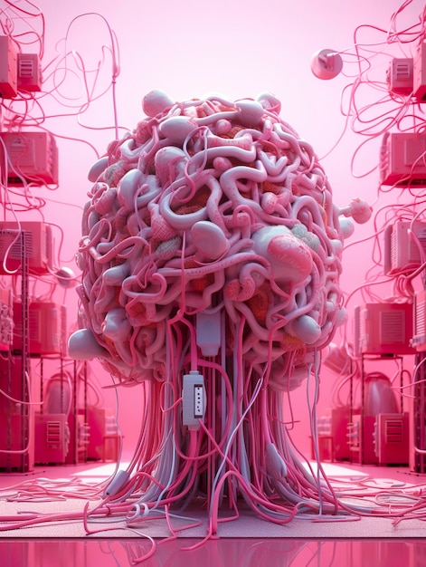 Big pink human brain with many audio jack cables plugged in this barin 3d render AI Generative