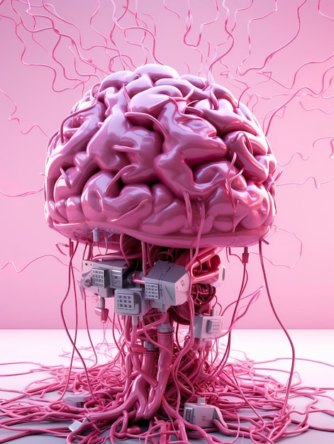 Большой розовый человеческий мозг со множеством аудиоразъемов, подключенных к этому барину 3D-рендеринга AI Generative