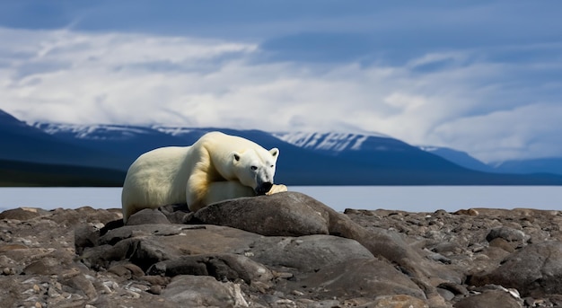 Photo big polar bear lying on a stone