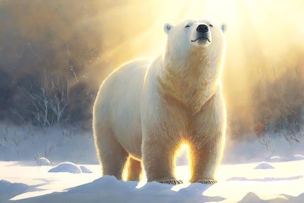 Big polar bear in snow in sun