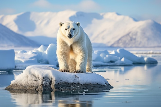 A big polar bear stands on an ice floe in the middle of the ocean against the backdrop of snowy mountains The concept of the animal world and wildlife