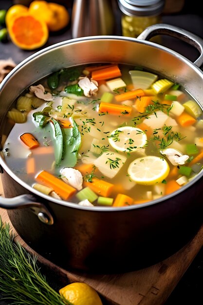 야채로 만든 영양 가득한 수제 닭고기 수프가 담긴 큰 냄비