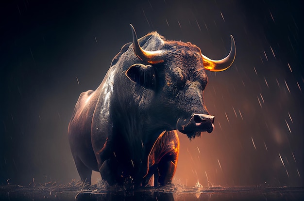 Big powerful bull standing in rain on dark background