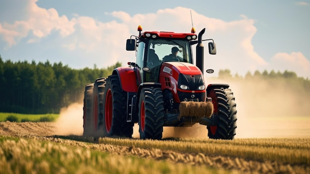 A big powerful tractor pulls the field