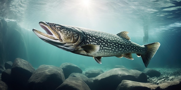 写真 大きな捕食的な淡水魚が湖の水中を泳ぐ