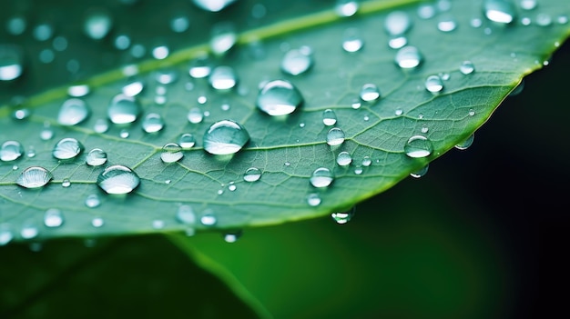 Big raindrops close up on green leaves nature background Generative ai