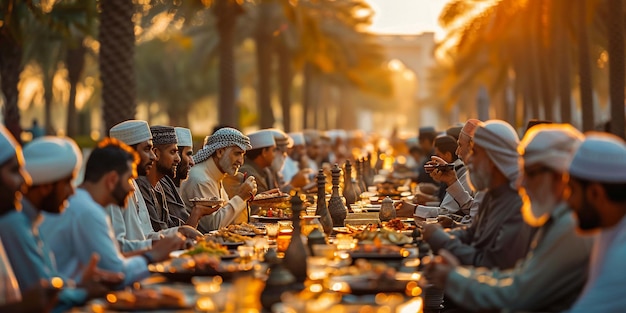 Photo big ramadan outdoor table and many emirati people sitting muslim men prepare to break fast