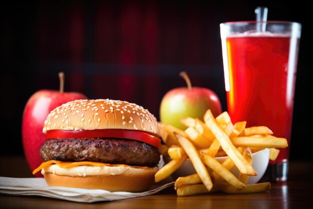 Photo big red apple next to fast food burger and fries