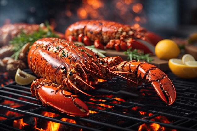 Big red boiled lobster Closeup on grill background