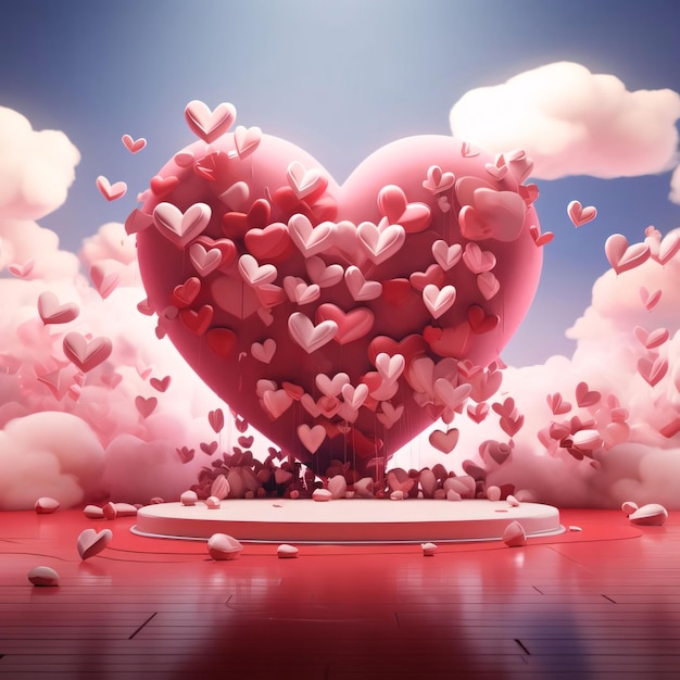 Big red heart with Stickon tiny hearts on a podium around a cloudValentines Day banner with space for your own content