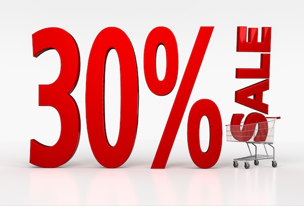 Photo big red letters with thirty percent off sale in shopping cart on white. 3d render