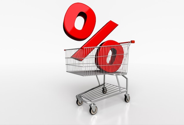 Big red percent sign in realistic shopping cart on white. 3D render