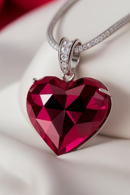 Big red ruby heart pendant on a silver chain with diamonds