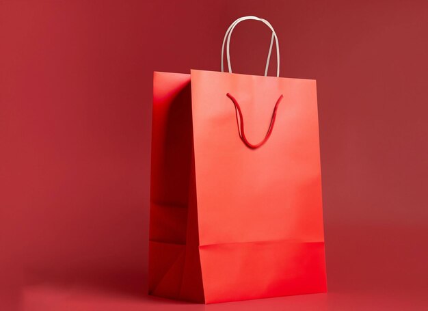 赤い背景に大きな赤いショッピング紙袋のモックアップ