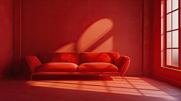 A big red sofa by the window in the red room