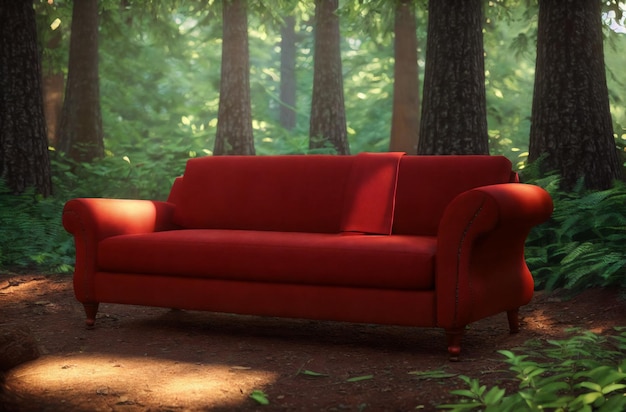 Big red sofa in clearing in forest Concept of comfort silence tranquility in nature Generative AI