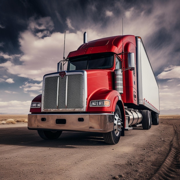 Big red trailer truck low angle photo