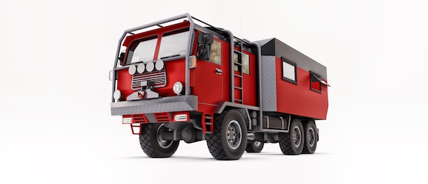 Big red truck prepared for long and challenging expeditions in remote areas. Truck with a house on wheels. 3d illustration.