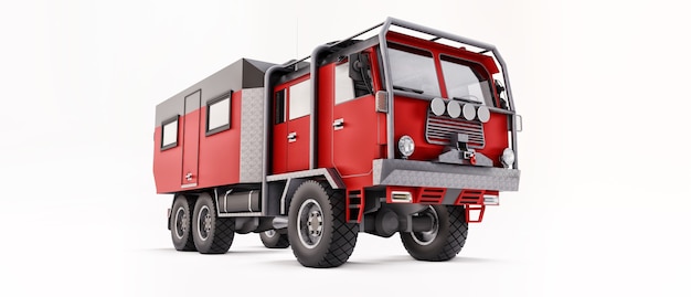 Big red truck prepared for long and challenging expeditions in remote areas