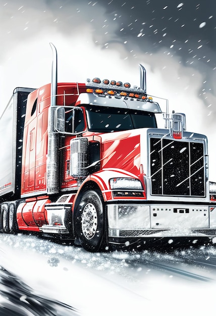 Big red truck rides in winter weather AI Generated