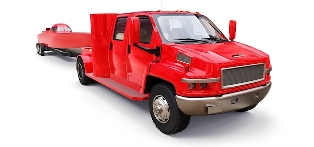 Big red truck with a trailer for transporting a racing boat on a white background. 3d rendering.