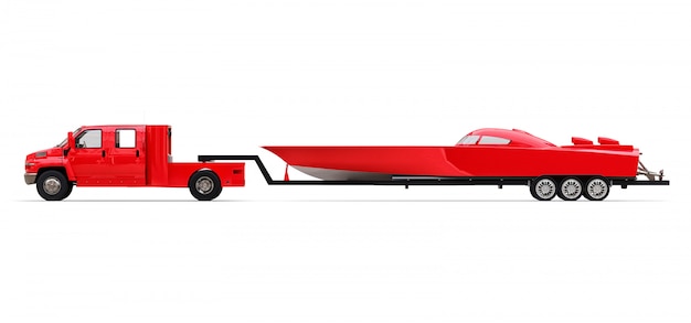 Большой красный грузовик с прицепом для перевозки гоночной лодки на белой поверхности