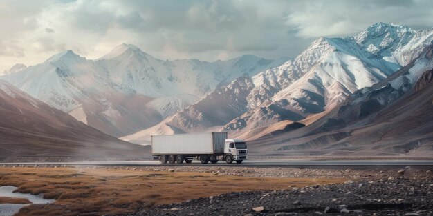 Photo big rig semi truck with mountains in the background