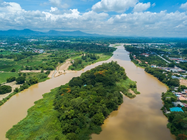 big river and center island in city