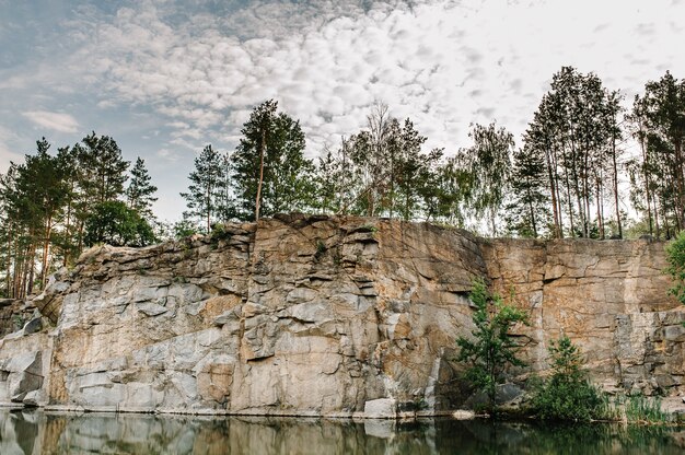 Фото Большой камень, на котором растут деревья. гранитная карьера. каньон