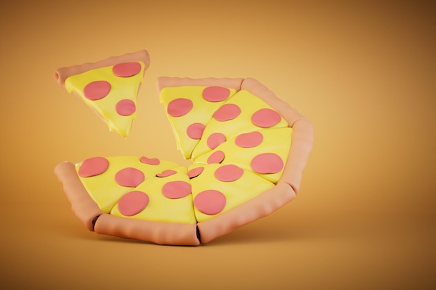 A big round pizza with cheese and salami on a pastel background 3D render