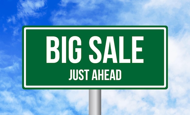 Photo big sale just ahead road sign on sky background